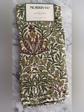 William Morris & Co Kitchen Dish Towels Set of 2 ACORN Green Brown 100% Cotton